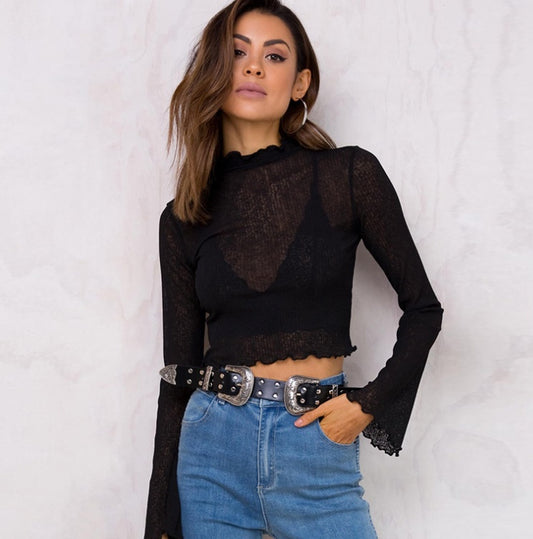Simenual Half turtleneck t-shirts for women crop top hollow out ruffles flare sleeve female t-shirt see through slim sexy shirts